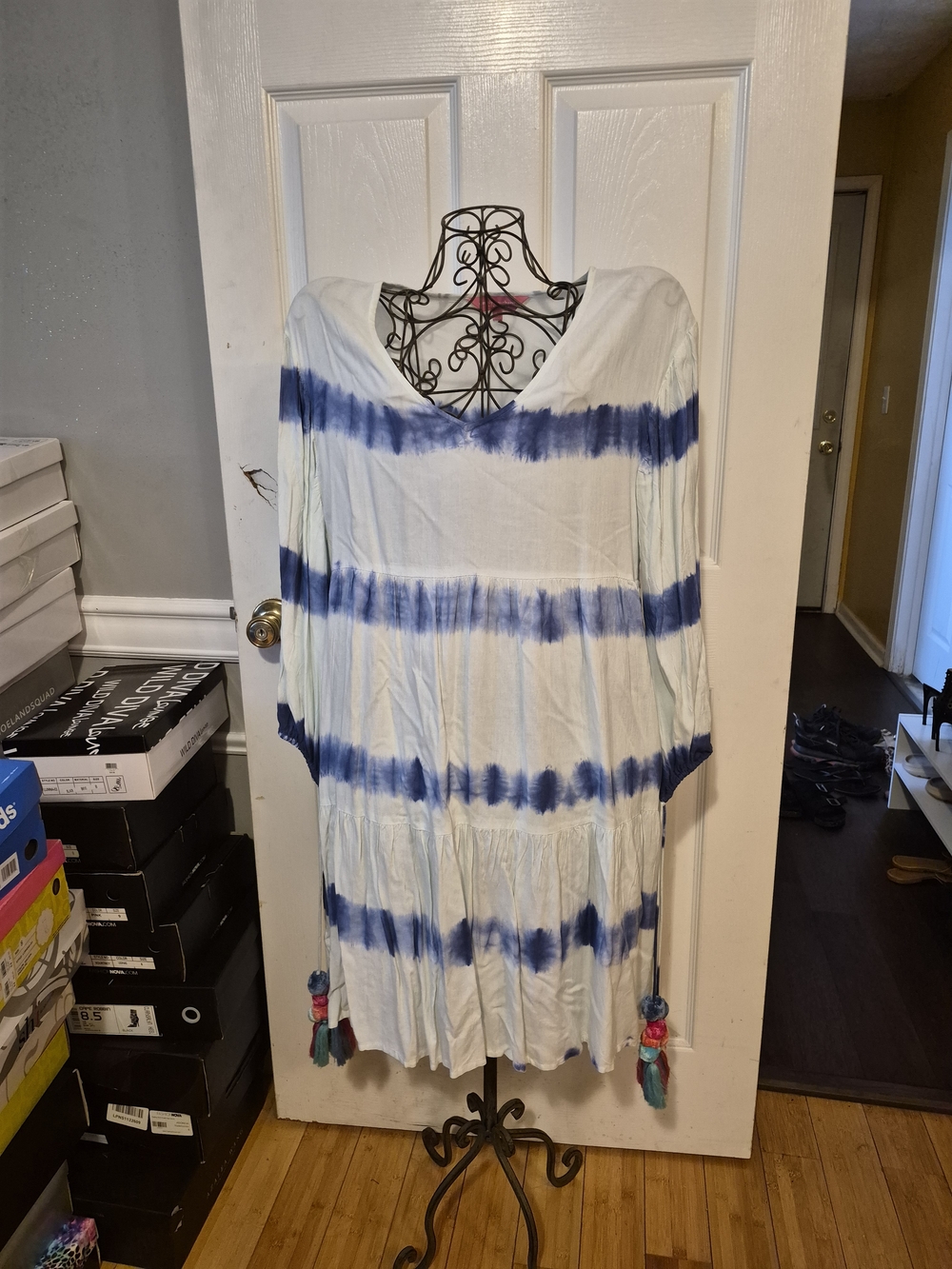 Tie-Dye V-Neck Women’s Tunic Dress with Tassels - Blue and White